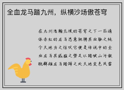 全血龙马踏九州，纵横沙场傲苍穹
